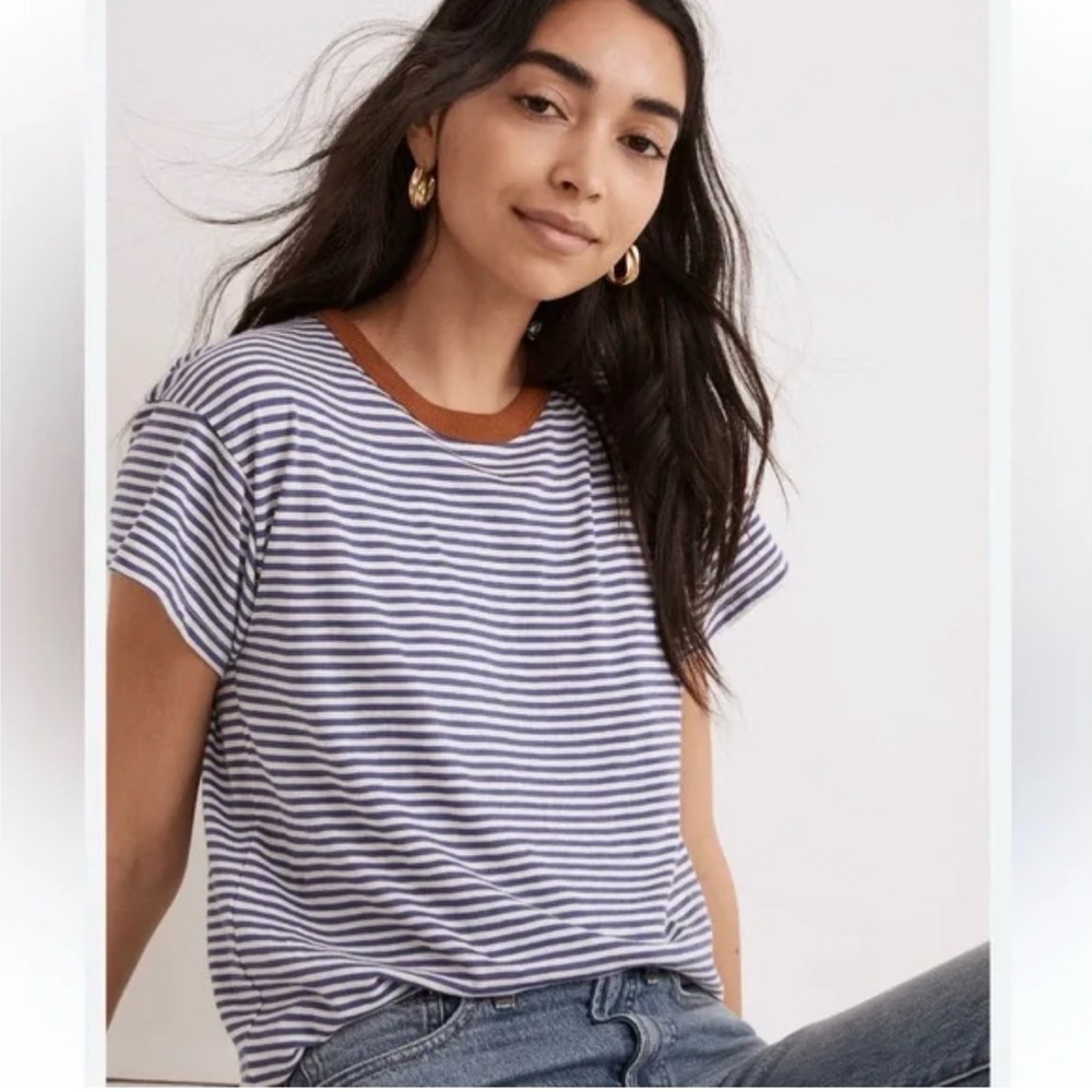 Madewell Navy and White Striped Tee with Brown Trim